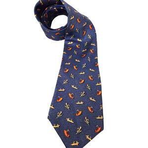 Vtg Tango Silk Korea Mens Tie Fly Fishing Blue Anglers Hooks Gift